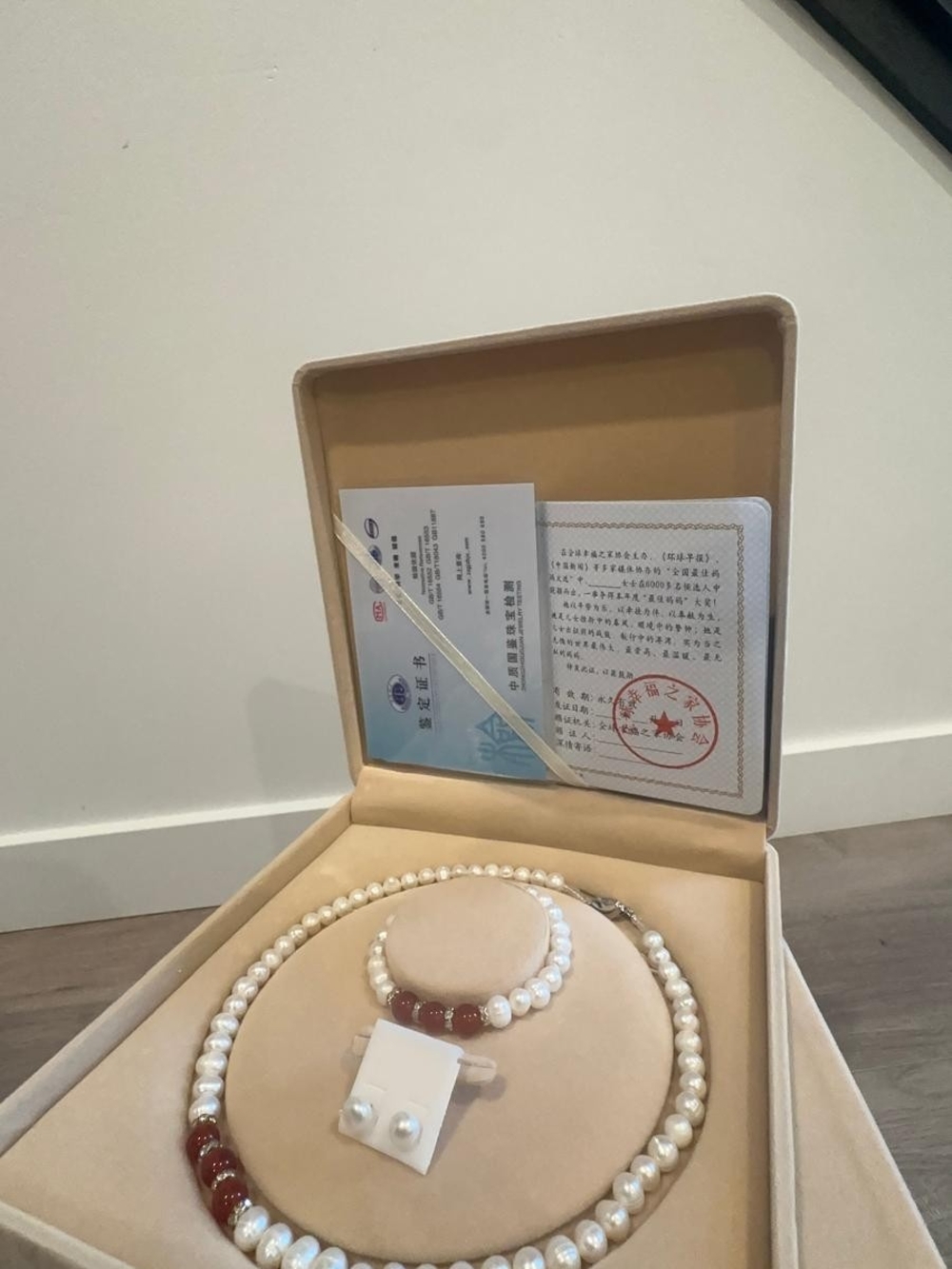 Classic White Pearl Necklace, Bracelet and Earrings Set with Red Accents